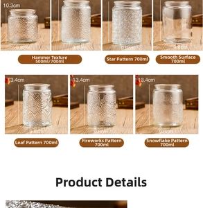 Detail view of various textured glass storage jars with bamboo lids and sizes in 500ml or 700ml