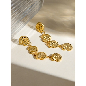 Detail of elegant 18k gold plated stainless steel spiral shell-shaped hoop earrings