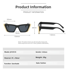 Cat eye sunglasses detail with JH18135 specs, black lens and gold metal frame dimensions