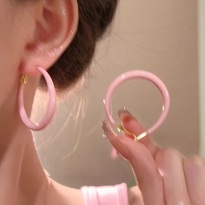 Summer pink enamel hoop earrings for women with a stylish minimalist gold metal clasp