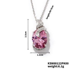 Détail du pendentif en zircon rose en forme d'œuf avec dimensions et chaîne argentée