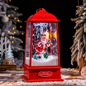 Lanterne de Noël rouge musicale avec neige et figurine du Père Noël pour décoration