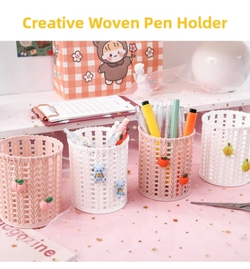Close-up of creative faux-rattan pen holder with 3D cute cartoon peach and bear charms