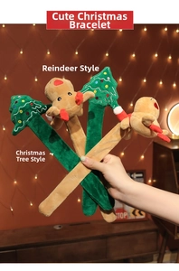 Close-up of plush Christmas slap bracelets featuring reindeer and Xmas tree designs
