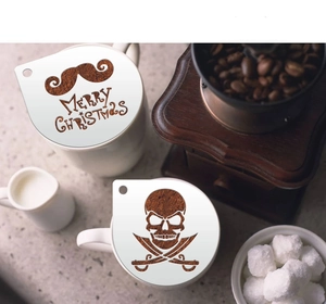 Set of two white plastic coffee stencil templates featuring mustache and skull designs