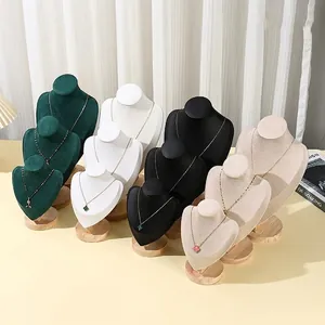 Necklace Display Stand Portrait Mannequin Bust Jewelry Holder Elegant Solid Wood Base PU Leather Velvet Countertop Prop