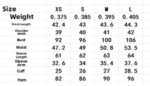 Detailed size chart for tweed cropped jacket showing chest and length measurements