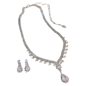 Sparkling silver zircon waterdrop necklace and earrings set with double-row chain