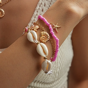 Bohemian 3-piece shell and starfish bead necklace set for seaside vacation fashion
