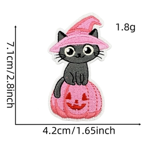 Pink Halloween wizard hat embroidery patch details with dimensions 7.1cm by 4.2cm