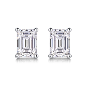 Rectangle cut moissanite stud earrings in 925 sterling silver with four-prong setting