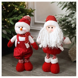 Standing plush Santa and snowman dolls with telescopic legs in festive home decor