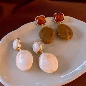 Orecchini Pendenti Vintage Resina Texture Marmo Lega Placcata Oro Con Perno In Argento Sterling 925 Per Donna Retro