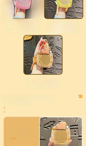 Detail of Capybara magnetic drawing board keychain in pink, yellow and brown colors