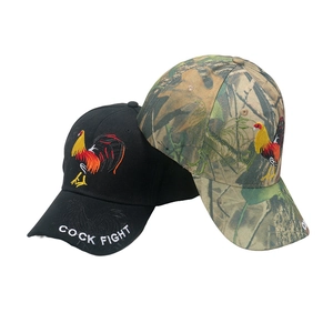 Black and camo baseball caps set featuring vibrant rooster embroidery and COCK FIGHT text