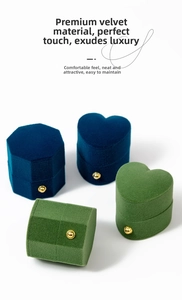 Top view of premium velvet jewelry boxes in heart and octagon shapes with gold clasp