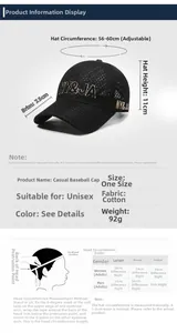Detailed size chart for mesh embroidered baseball cap with adjustable strap 56-60cm