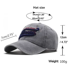 Unisex grey washed cotton baseball cap with Hawaii embroidery and size chart details