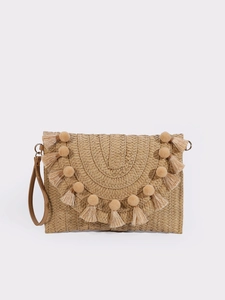 Women Straw Clutch Bag Tassel Bohemian Woven Envelope Wristlet Handbag Summer Beach Vacation Fashion Accessory