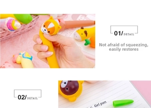 Close-up of slow-rebound squishy cartoon animal gel pen showing detailed soft material texture