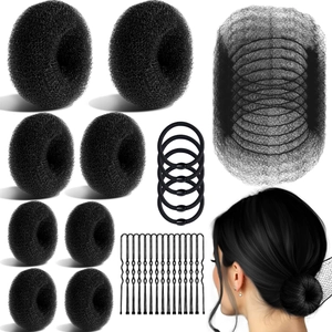 Hair styling set detail with bun makers, elastic bands, clips, and hairnets on white backdrop