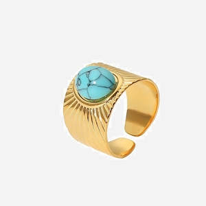 Vintage Wide Surface Open Ring 18K Gold Plated Stainless Steel Oval Turquoise Ribbed Texture Adjustable For Women