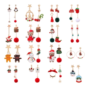 Christmas Drop Earrings Alloy Enamel Snowman Santa Claus Asymmetric Pom Pom Jewelry With Stainless Steel Earring Post