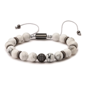 Handmade natural howlite bead bracelet with black micro-pave zircon ball and adjustable cord