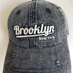 Distressed charcoal denim baseball cap featuring Brooklyn 3D embroidery and vintage rips