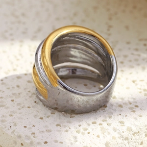 Minimalist multi-layer stainless steel ring in dual-tone gold and silver on stone