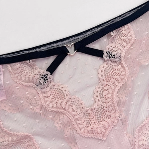 Pink lace panties with polka dot mesh, heart metal ring detail and black elastic waist strap