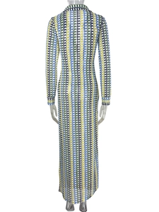 Detailed back view of hollow crochet knit beach maxi dress with colorful striped patterns
