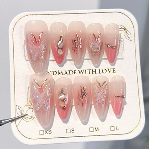 Blush Gradient Butterfly Press On Nails With Rhinestones Pearls Handmade Long Almond Fake Nails For Women Party Decoration