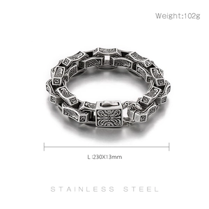 Detail showing vintage totem engraving on stainless steel bracelet with dimensions info