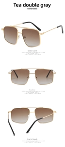 Three-angle view of oversized square double-bridge sunglasses with gradient tea lenses