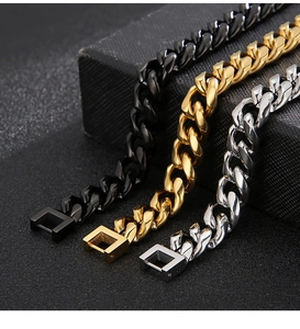 Detailed view of 9mm-10mm Cuban link bracelets in black, gold, and silver metal finishes
