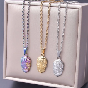 Detailed close-up of skull pendants in silver, gold, and rainbow finishes for DIY necklaces