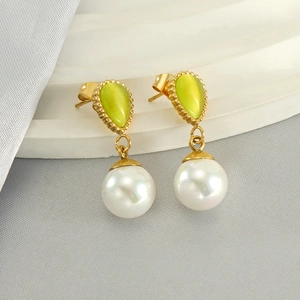 Boucles Oreilles Pendantes Vintage Françaises Acier Inoxydable Plaqué Or 18K Avec Pierre Oeil Chat Vert Et Künstliche Perle