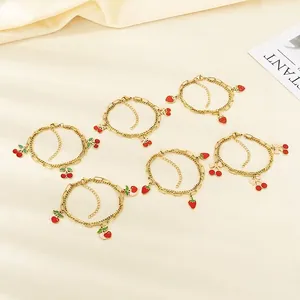 Double Layer Bracelet Stainless Steel Gold Plated Enamel Strawberry Cherry Fruit Pendant Adjustable Jewelry For Women