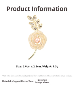 Detail view of flower brooch with 6.8cm size, copper base, zircon and pink pearl