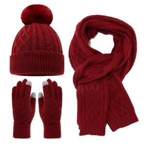 Winter-Strickset mit Mütze Schal und Touchscreen-Handschuhen mit Kunstfellbommel in Dunkelrot