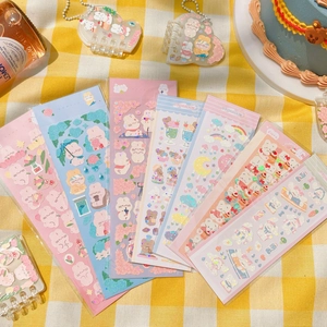 Pastel cartoon bear and rabbit decorative sticker set with laser glitter finish