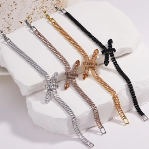Elegant cubic zirconia knotted tennis bracelets in silver, gold, black, and champagne finishes