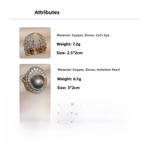 Detail view of oval opal and round pearl rings with cubic zirconia settings in copper