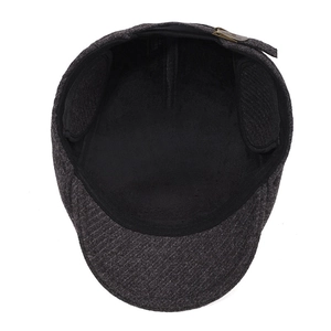Men's winter ivy cap in charcoal grey tweed with foldaway ear flaps and metal buckle