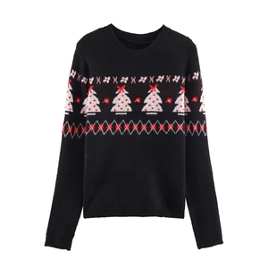 Ensemble pull noir pour femmes avec motifs sapins de Noël blancs et nœuds rouges