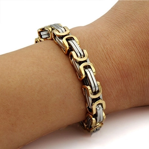 Men's hip hop punk two-tone gold and silver Byzantine chain stainless steel bracelet