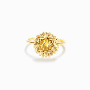 Elegant S925 sterling silver sunflower ring with yellow gemstone on white background