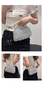 Silver rhinestone evening clutch with long tassels and metal chain shown in three angles