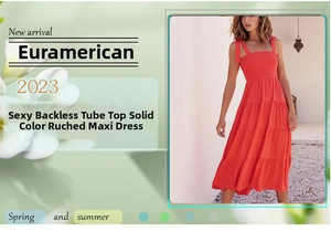 Detail of smocked bodice and tie shoulder straps on a tiered orange-red summer dress